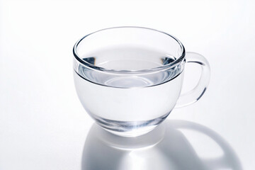 Clear cup filled with water reflecting light in a minimalist setting at a bright location