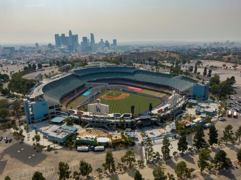 Aerial view of Dodger Stadium, during a baseball game. The stadium is full of fans enjoying the game. Los Angeles, California, USA. 20 September 2024