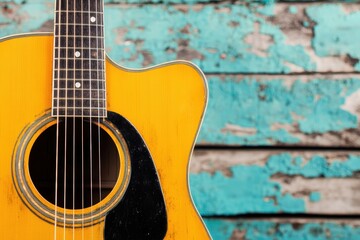 Obraz premium Aged acoustic guitar close-up, turquoise rustic wall in background, textured paint, Western folk vibe, warm sepia tones, Americana style, soft natural lighting