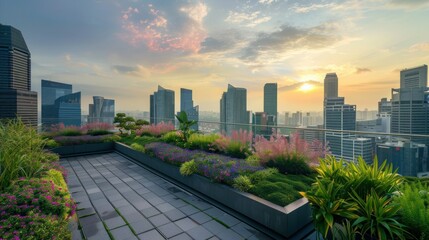 Roof garden on top of a skyscraper with city views.