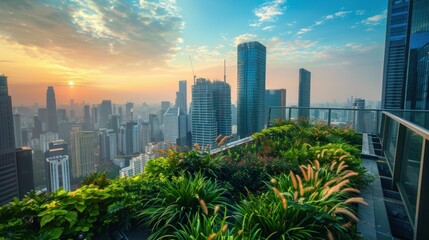 Fototapeta premium Roof garden on top of a skyscraper with city views.