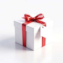 Obraz premium White gift box with red ribbon bow, isolated on white