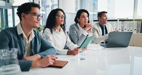 Meeting, listen or business people with manager in interview for planning or capital growth....
