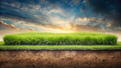 Lush Green Grassland Against a Dramatic Sunset Sky Revealing the Earth's Soil Layers