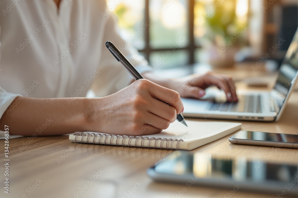 Poster woman writing in notebook while working on laptop at desk.
