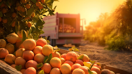 Cargo truck carrying grapefruit fruit in an orchard with sunset. Concept of food production, transportation, cargo and shipping.