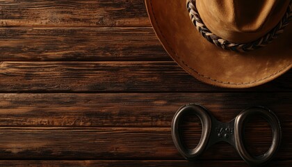 Close-up of cowboy hat with braided band, aged leather boots, and a heavy iron horseshoe, detailed textures, nostalgic Western theme, rustic wooden backdrop