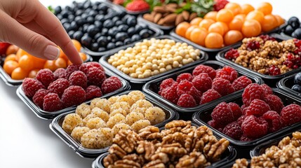 Close-up of a hand picking a fresh berry from a tray of colorful fruits on a gluten-free snack platter