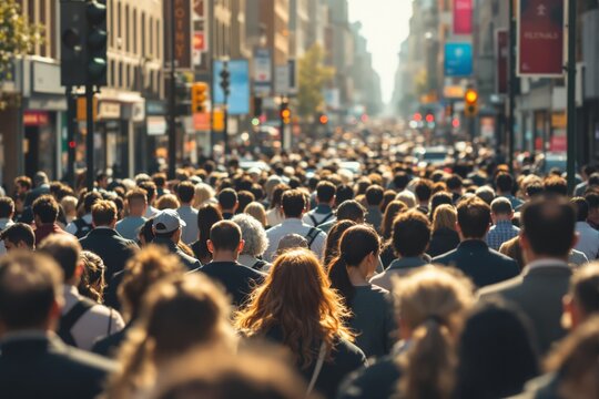 Large crowd of people walking on a busy city street.