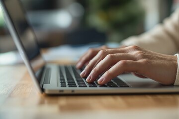 Close-up of hands typing on laptop keyboard in natural lighting.