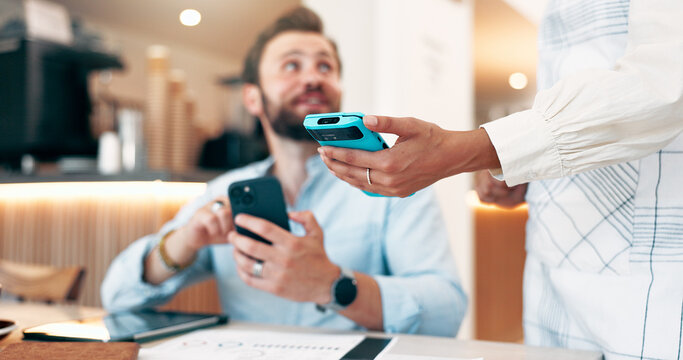 Freelance man, customer and waiter with pos machine at coffee shop for payment, NFC transaction or wireless atm. Business person, purchase and phone with credit card for fintech, tap or cafe checkout
