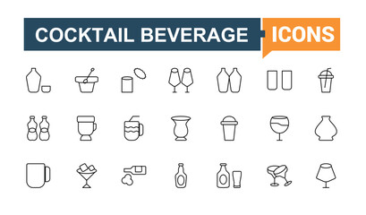 Cocktails simple icon set. It contains symbols to champagne, drink, martini, alcohol, wine, whiskey, beer and more. Perfect for logos and infographic. Drink line icon. Pixel perfect. Editable vector.