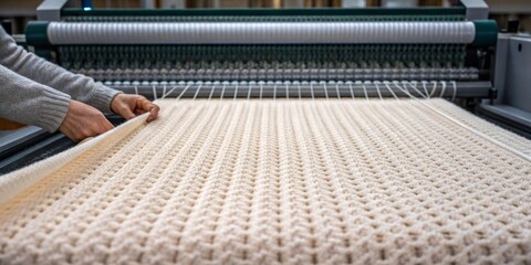 Crafting intricate textiles on a weaving machine in a workshop during the daytime with soft lighting and a focus on technique