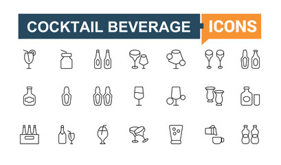 Cocktails simple icon set. It contains symbols to champagne, drink, martini, alcohol, wine, whiskey, beer and more. Perfect for logos and infographic. Drink line icon. Pixel perfect. Editable vector.