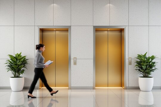 Businesswoman walking past modern elevators in office lobby. - Powered by Adobe