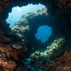 Obraz premium underwater ocean cave coral reef scene with sunlight and tropical fish in the maldives
