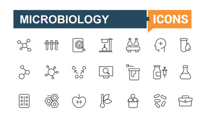 Biotechnology linear icon. Contain linear symbols biology, laboratory, science, genetic, biotech, technology and more. Minimalist linear icons. Lab icon set. Editable vector illustration.