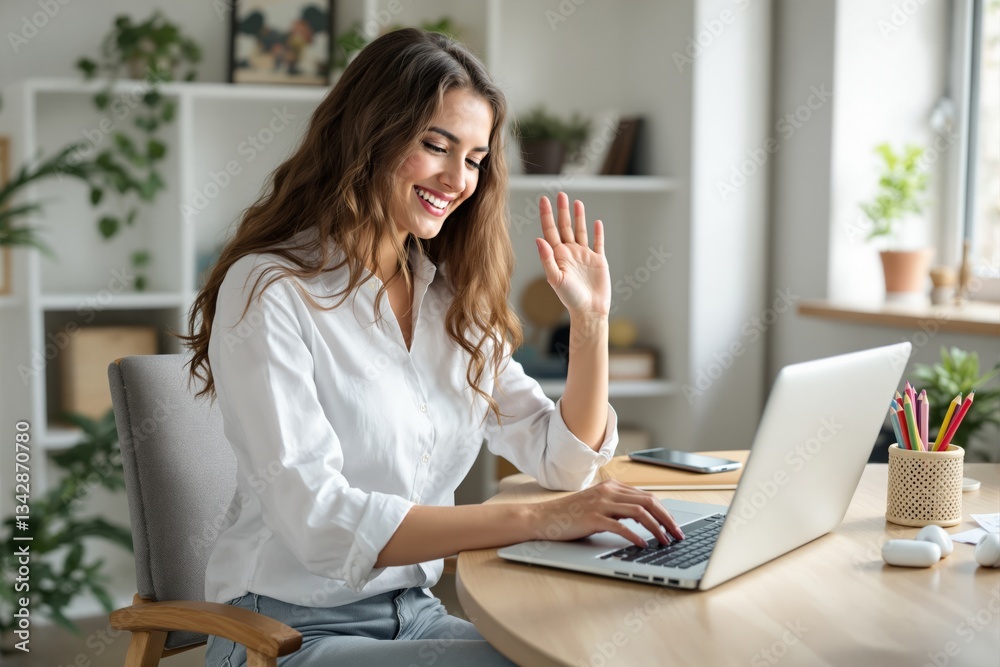 Poster smiling woman waving during video call while working on laptop.