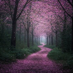 enchanted forest path lined with pink cherry blossoms in springtime mist