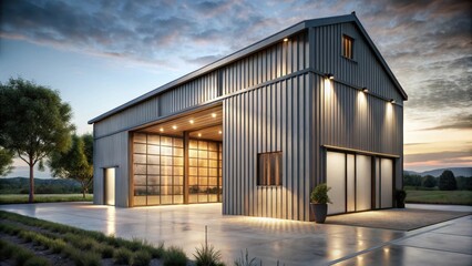 Fototapeta premium Modern Farmhouse Style Garage with Evening Lighting and Expansive Doors