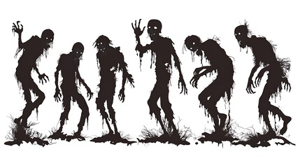 Zombie Walk Silhouettes Against White