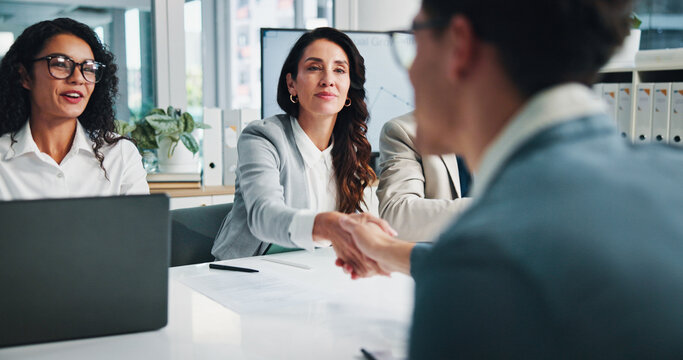 Meeting, group and handshake with client, business and collaboration for financial performance or smile. Agreement, happy and people with laptop for investment, accountant and deal for colleagues