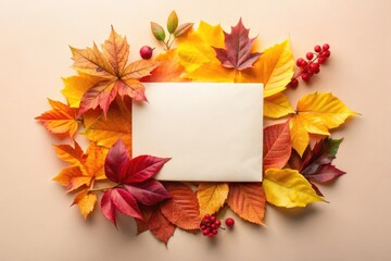 Obraz premium Autumnal foliage arrangement featuring a blank card perfect for seasonal greetings or announcements.
