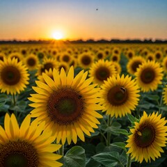 Obraz premium vibrant yellow sunflowers blooming in a field at sunset with a honeybee flying over them