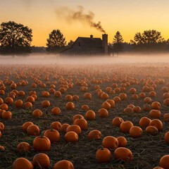 Obraz premium autumnal pumpkin field with rustic farmhouse and fog at sunrise