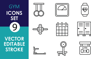 A set of 9 gym-related vector icons in black outline style: gymnastic rings, scale, supplement bottle, dumbbell, calendar, lockers, rowing machine, barbell, and protein jar