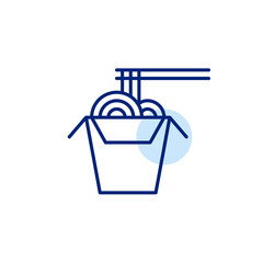 Box of Asian takeaway good. Noodles and wooden chopsticks. Chinese, japanese or thai cusine. Pixel perfect, editable stroke vector icon