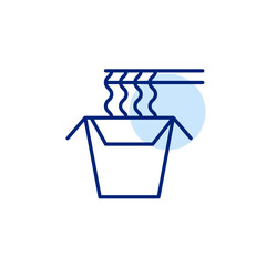 Takeaway Asian noodles and wooden chopsticks. Authentic cuisine, japanese or chinese food. Pixel perfect, editable stroke vector icon