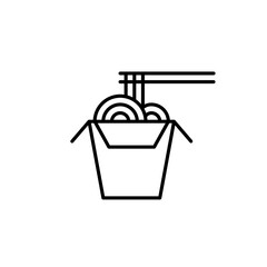 Box of Asian takeaway good. Noodles and wooden chopsticks. Chinese, japanese or thai cusine. Pixel perfect, editable stroke vector icon