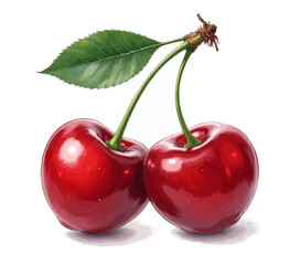 Pair of shiny red cherries with green stem and leaf
