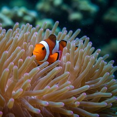 closeup of a vibrant orange and white clownfish hiding in a colorful sea anemone in the ocean