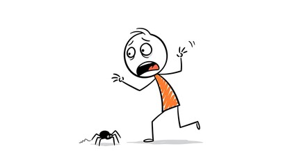 Stick Figure Running Away From Spider with Expression of Fear