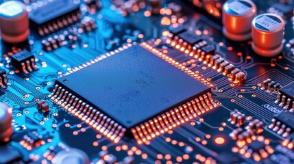 Close-Up of Electronic Circuit Board with Microchip and Components