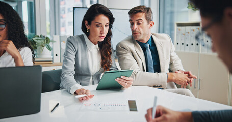 Finance, tablet or business people with manager in discussion for paperwork, charts data or capital growth. Planning, budget graphs or financial advisors in meeting with directors, info or documents
