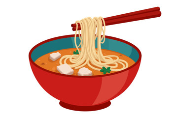 Red bowl with noodles, tofu, and chopsticks
