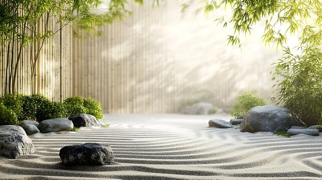Zen garden with raked sand patterns, bamboo frames, calm text area