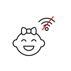 Happy baby girl and no wi-fi. Disconnected wi-fi parenting, digital detox for children. Pixel perfect, editable stroke vector icon