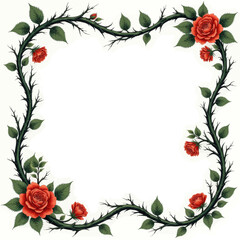 Fototapeta premium Square frame of red roses with thorns and green leaves