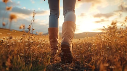 A young woman stands in a field at sunrise back view, her arms spread wide, feeling the warmth of the morning sun, surrounded by tall grass swaying gently in the breeze.