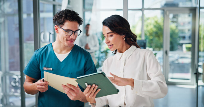 Doctors, conversation and people in hospital, tablet and teamwork with email for treatment approval. Employees, coworking and medical with healthcare, discussion and tech with results and schedule