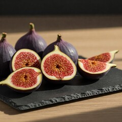fresh ripe figs sliced open on black slate serving board on wooden tabletop