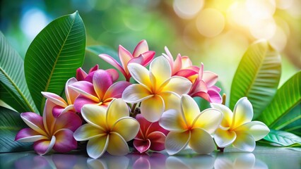 Fototapeta premium Vibrant tropical blossoms arranged amidst lush green foliage, bathed in soft sunlight, creating a serene and idyllic floral scene