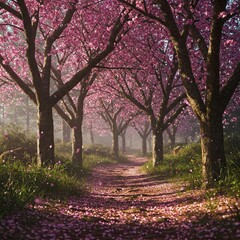 pink cherry blossom trees pathway forest springtime sunlight magical atmosphere