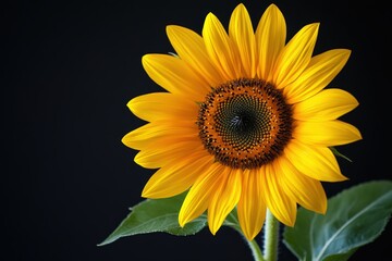 A Single Bright Sunflower With Yellow Petals On Black Background