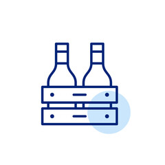 Bottles of wine or vinegar in wooden box. Farmer market, eco production. Pixel perfect, editable stroke vector icon