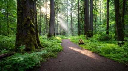 Obraz premium Forest path, sunlight beams, morning mist, nature